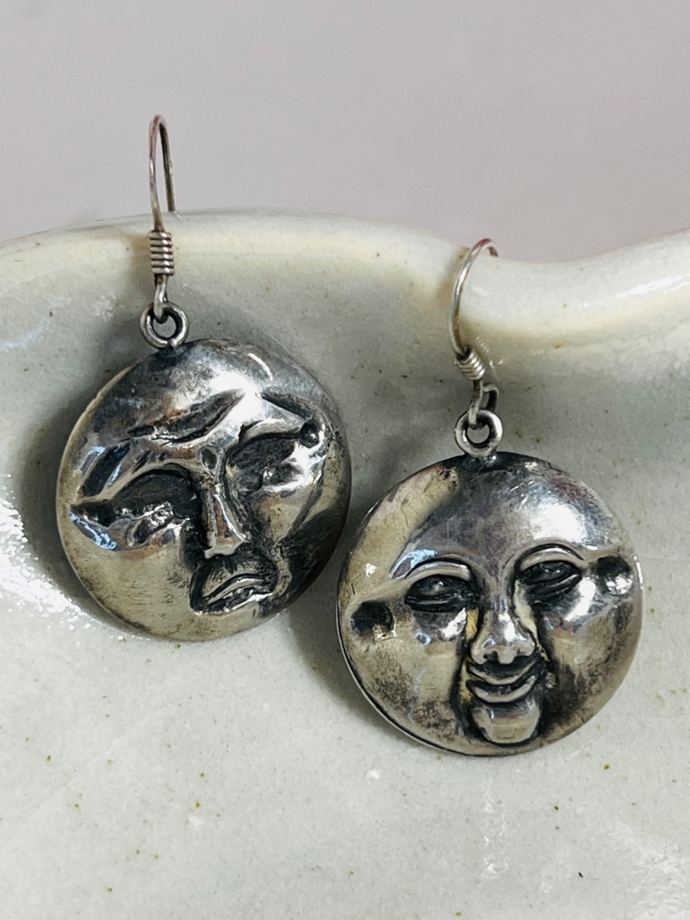 1980s Sterling Silver Celestial Moon Face Earrings